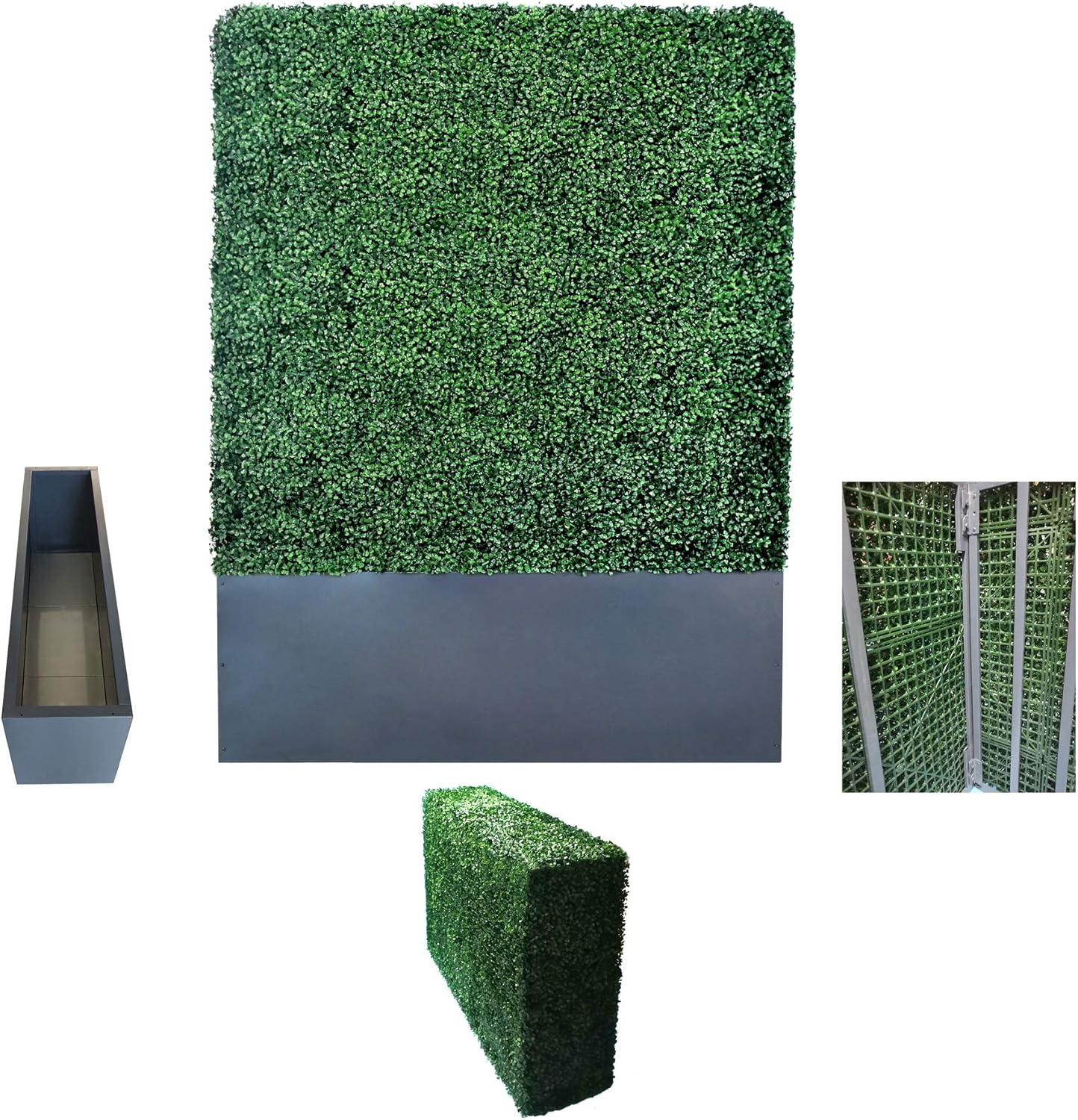 AGPL Artificial Boxwood Hedge Wall with Dark Gray Stainless Steel Planter Box(64" H 48" W 12" D)