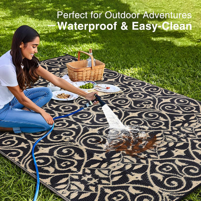 OLANLY Outdoor Rug Waterproof 8x10 ft Clearance, Reversible Outdoor Plastic Straw Rug with Floral