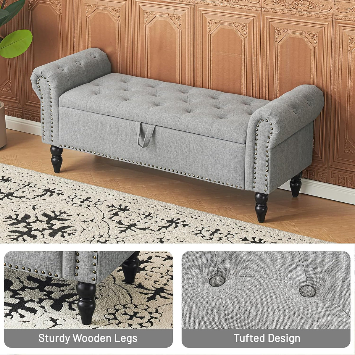 Furniliving 51” Bedroom Bench, End of Bed Bench with Button-Tufted Large Upholstered Storage Bench