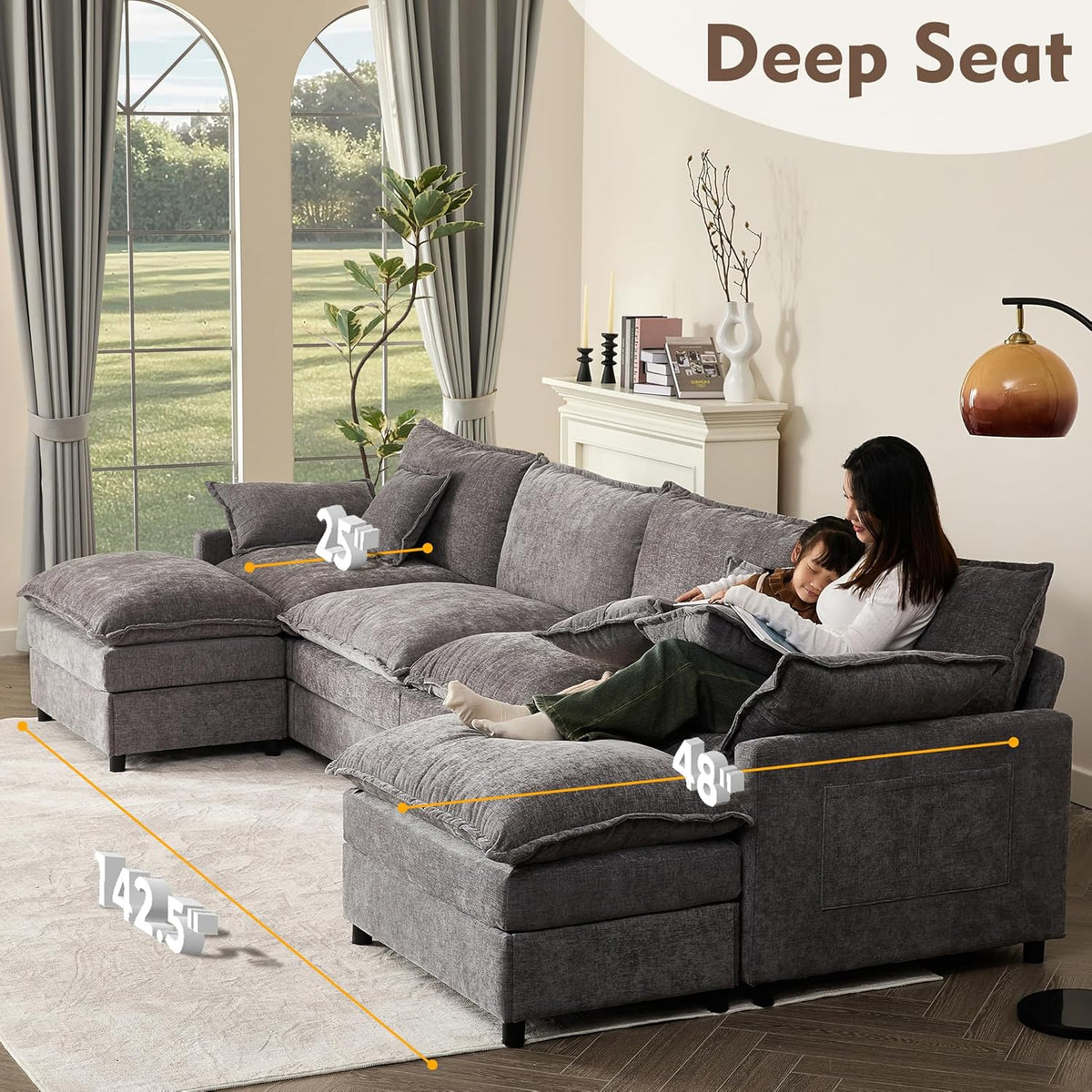 142.5" U Shaped Couch, Modular Sectional Sofa, 3-Seater Comfy Cloud Couch with Movable Ottoman