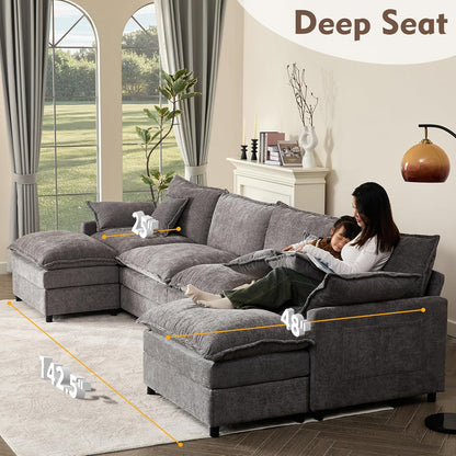 142.5" U Shaped Couch, Modular Sectional Sofa, 3-Seater Comfy Cloud Couch with Movable Ottoman