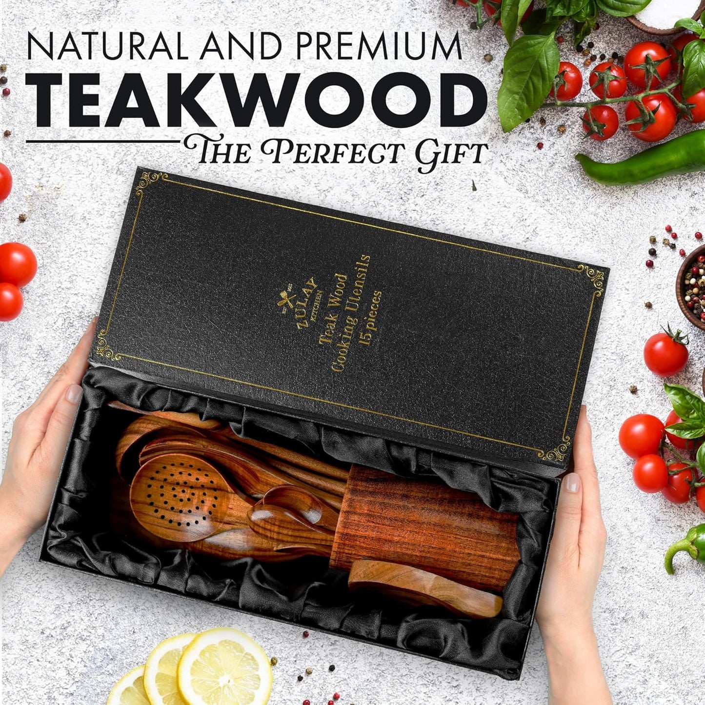 Zulay Kitchen 15-Piece Teak Wooden Utensils for Cooking - Natural Teak Utensil Set with Premium