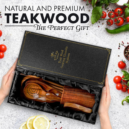 Zulay Kitchen 15-Piece Teak Wooden Utensils for Cooking - Natural Teak Utensil Set with Premium