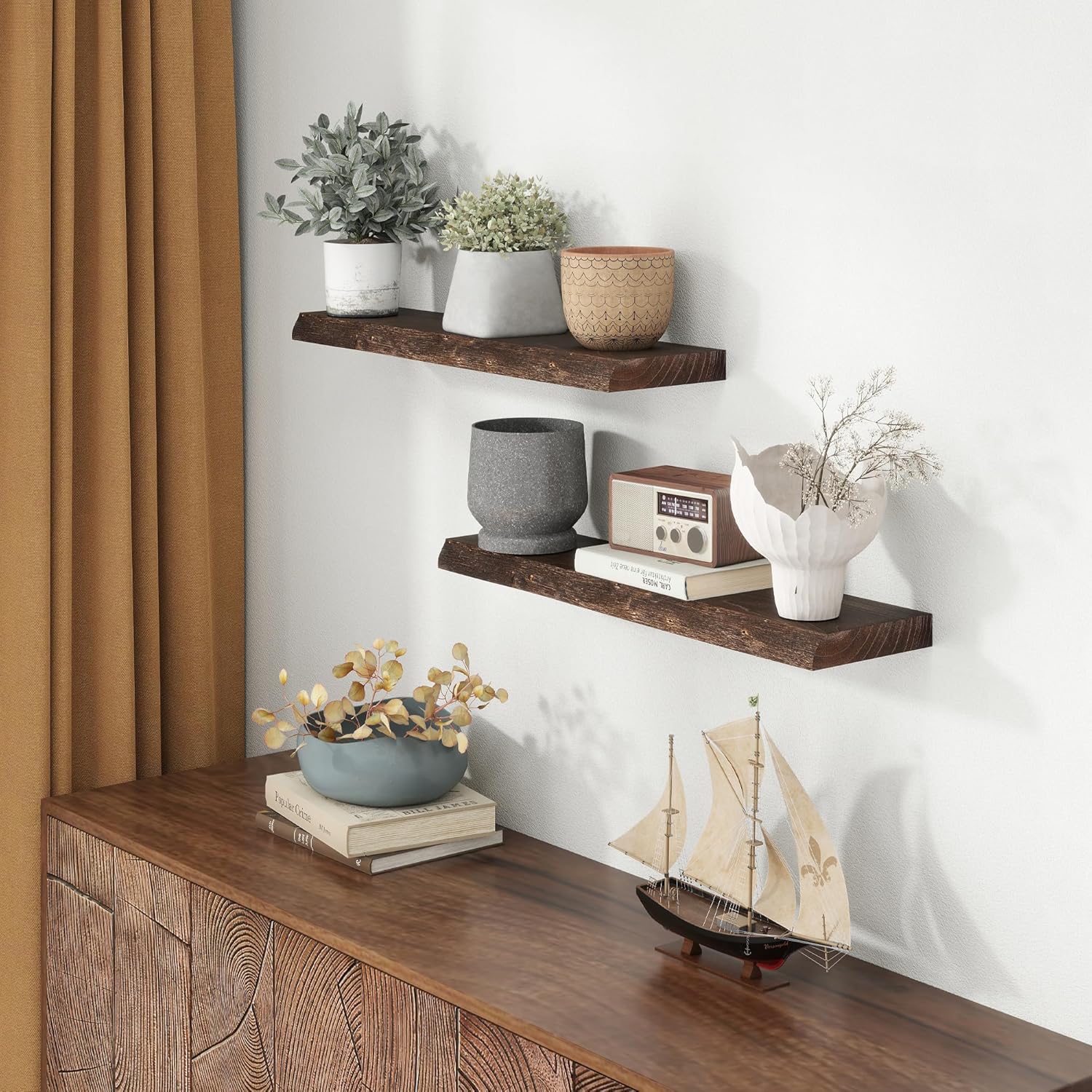 30" Floating Shelves, Live Edge Solid Elm Wood Floating Shelf, Wall Mounted Display Shelves with