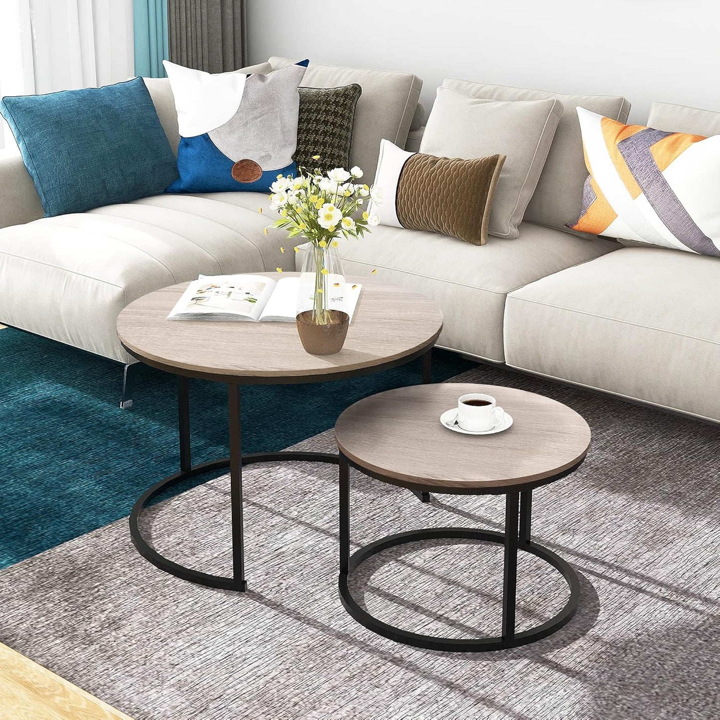 Round Coffee Tables Nesting Side Set of 2 End Tables for Living Room,Round Table with Solid