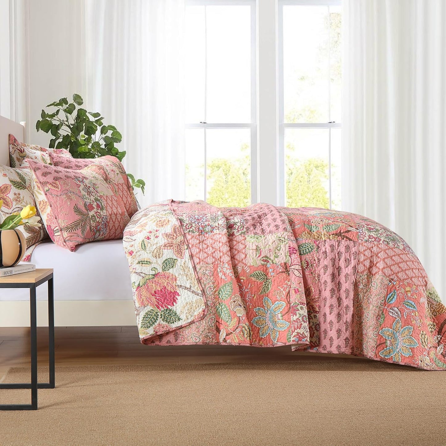 NEWLAKE Cotton Patchwork Bedspread, 3-Piece Bedding Quilt Set with Real Stitched Embroidery