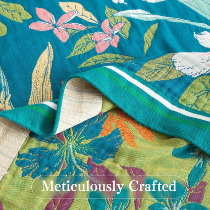 Boho Throw Blanket Twin Size, Soft Cozy Cotton Muslin Quilt Blanket for Bed Decor, Floral Patterned