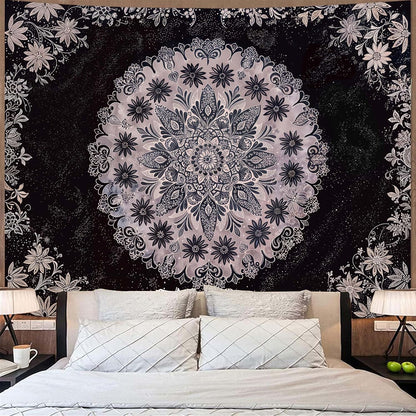 Fowocu Boho Floral Mandala Tapestry Wall Hanging Grey Bohemian Flower Medallion Tapestry Aesthetic