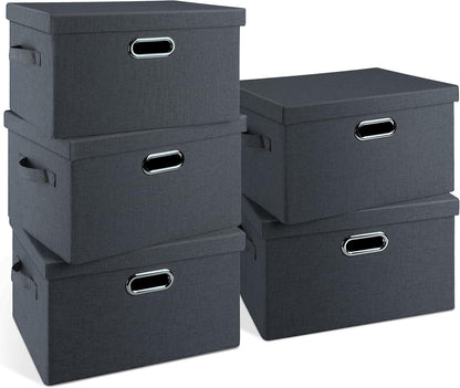 Medium 15" 21 Quart Collapsible Stackable Storage Bins with Lids, 5 Packs Dark Gray Foldable Fabric