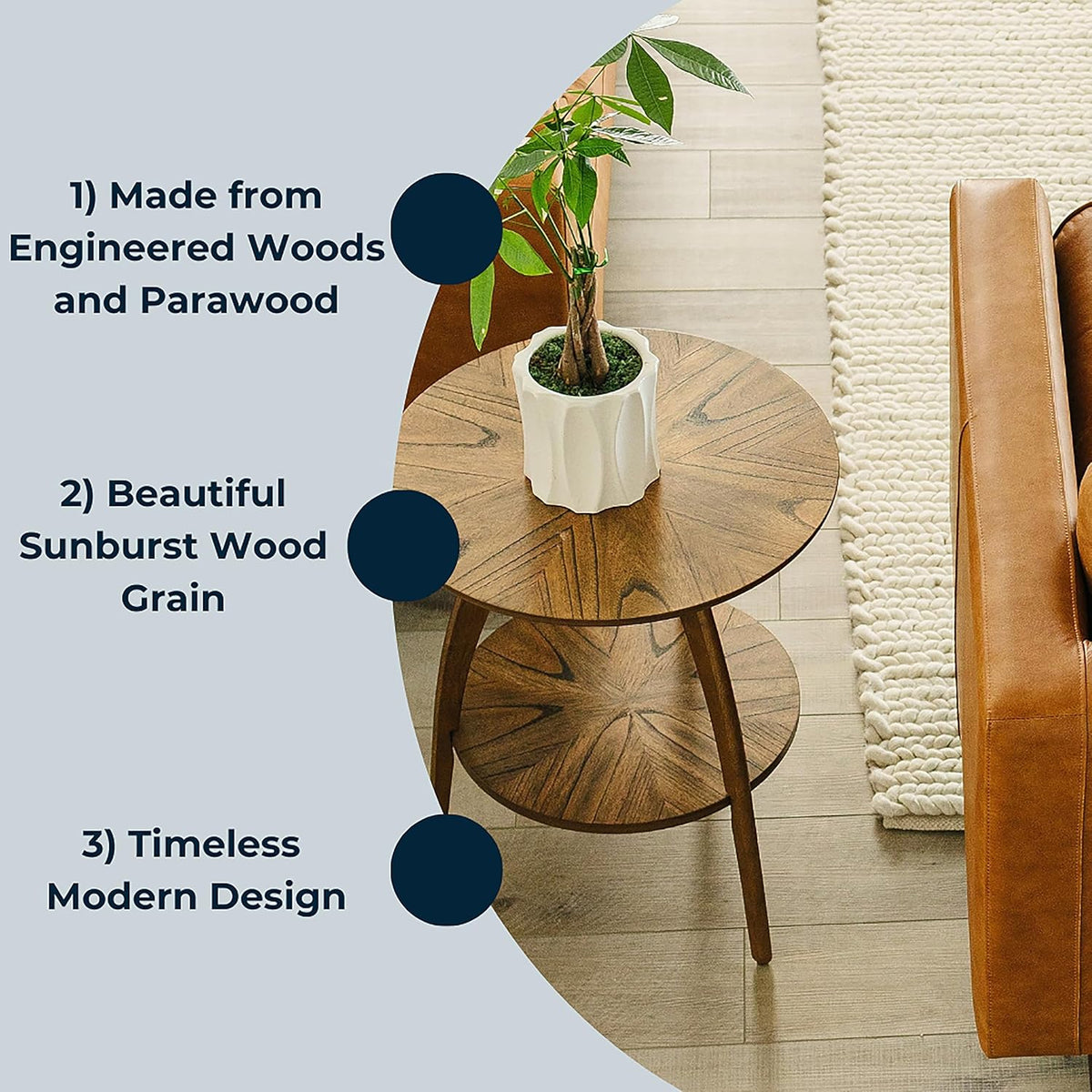 Martin Svensson Home Round Wood Nutmeg Brown Living Room End Side Accent Table Nightstand with
