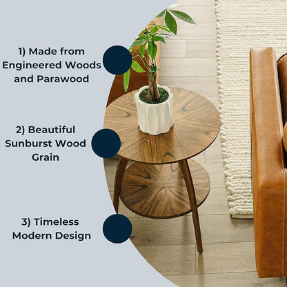 Martin Svensson Home Round Wood Nutmeg Brown Living Room End Side Accent Table Nightstand with