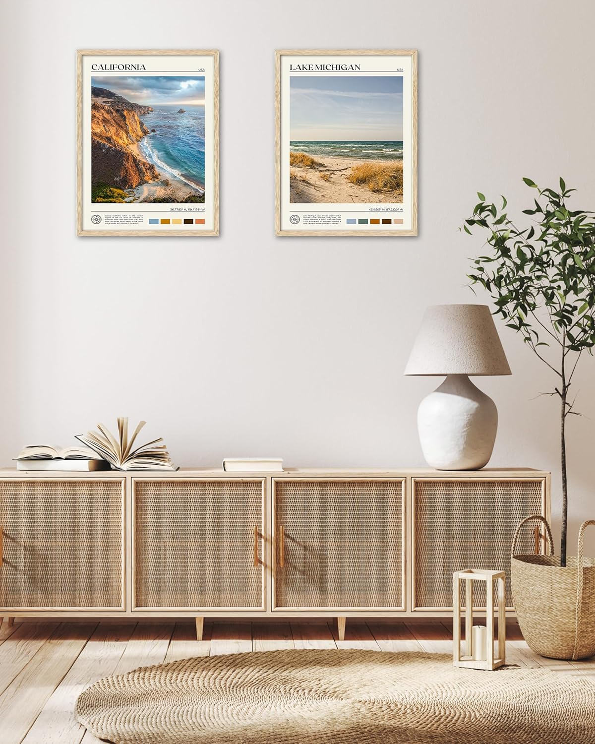 HesenDot Natural OAK Wood Coastal California Refers Framed Wall Art,12x16in Natural Seascape Canvas