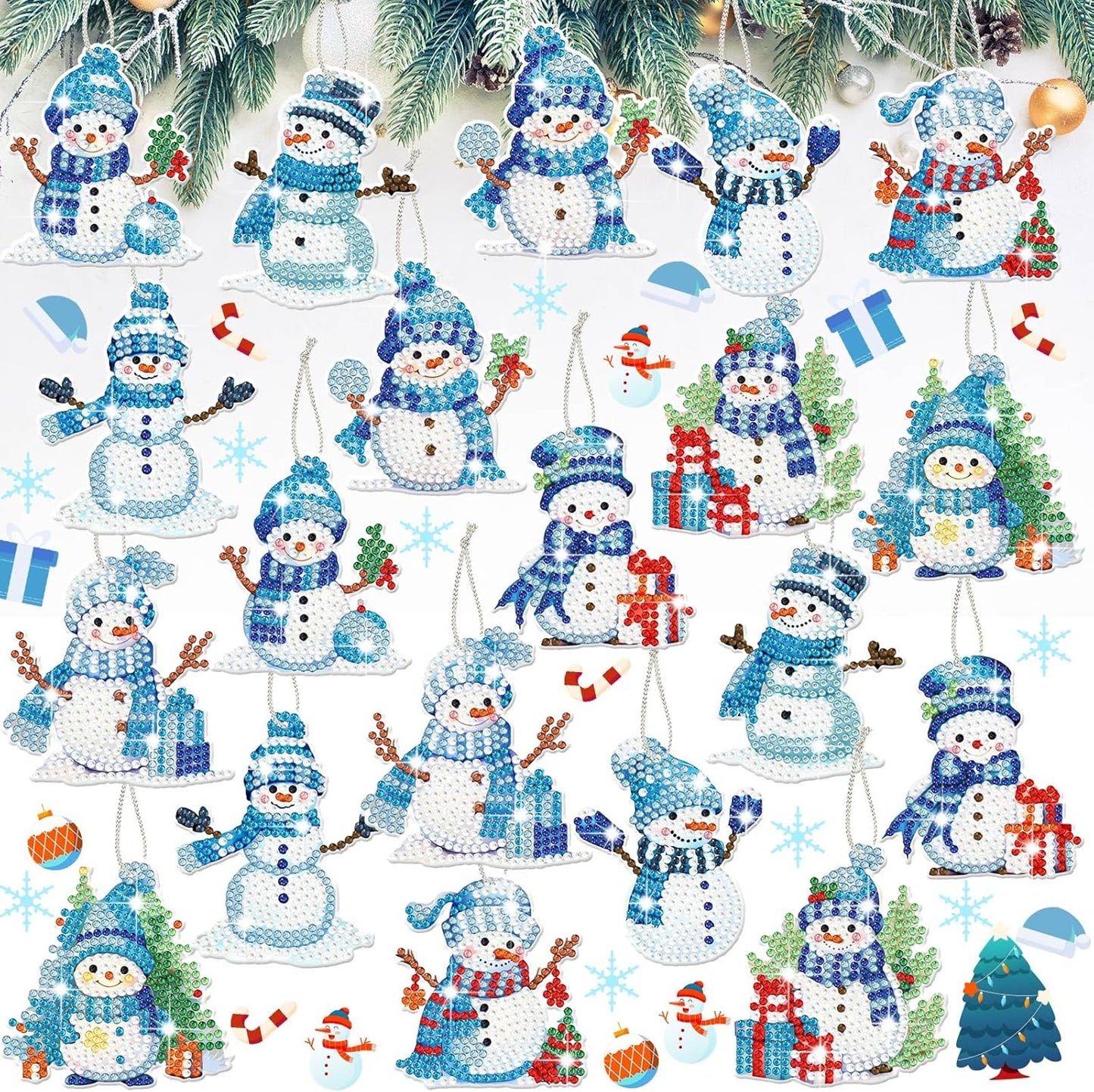 Skylety 20 Pcs Christmas Diamond Art Ornaments Kit Cute Snowman Diamond Painting Ornaments Tag DIY