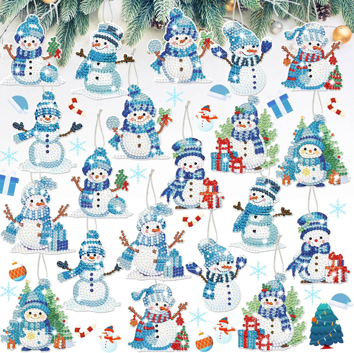Skylety 20 Pcs Christmas Diamond Art Ornaments Kit Cute Snowman Diamond Painting Ornaments Tag DIY