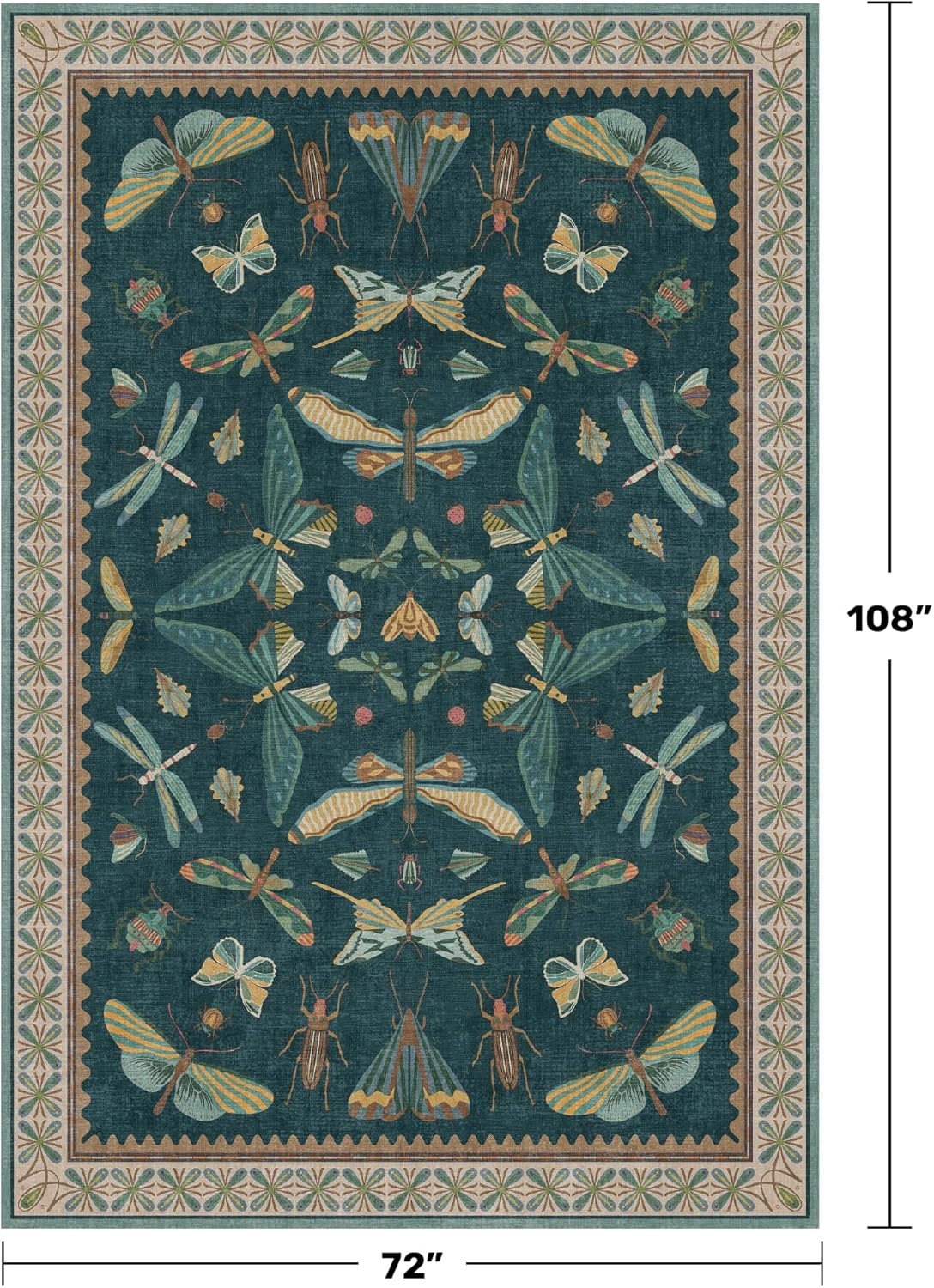 Oriental Blue and Green Area Rugs for Living Room 6x9 - Insect & Butterfly Dining Table Rug