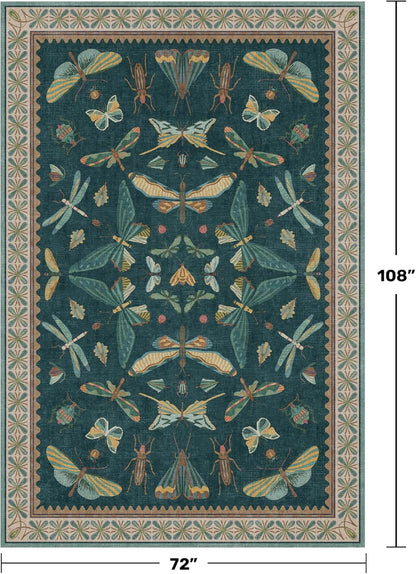 Oriental Blue and Green Area Rugs for Living Room 6x9 - Insect & Butterfly Dining Table Rug
