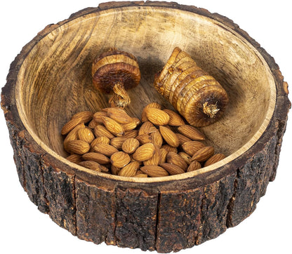 GoCraft Mango Wood Decorative Bowl with Tree Bark – 7.5" x 2.75" – Rustic Handmade Wooden Bowl for