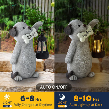 Solar Dog Statues for Garden Decor - Outdoor Dog Figurines with Solar Lantern for Yard Patio Lawn