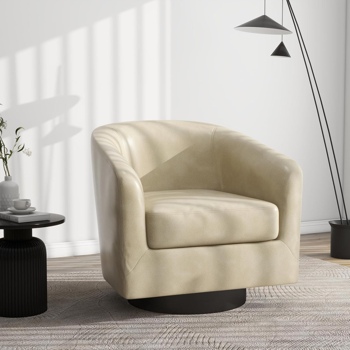 Swivel Barrel Accent Chair, Modern Round Faux Leather Arm Chair for Living Room, Bedroom, Comfy