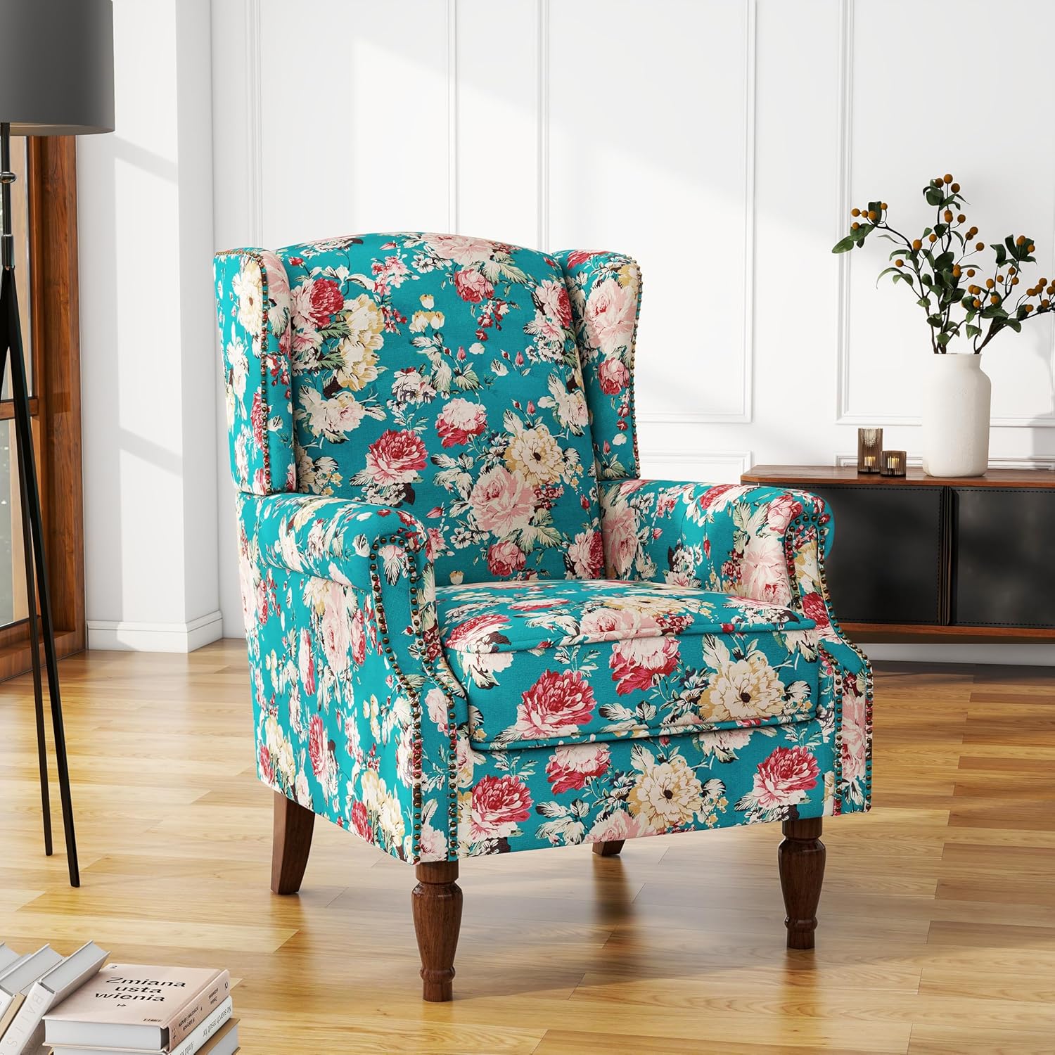 UIXE High Back Floral Accent Chair, Upholstered Armchair in Fabric, Retro Printed Wingback Arm