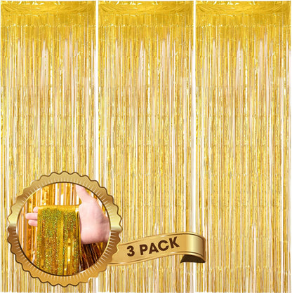 3 Pack 3.3 x 8.2 ft Laser Gold Foil Fringe Backdrop Curtains, Tinsel Streamers Birthday Party