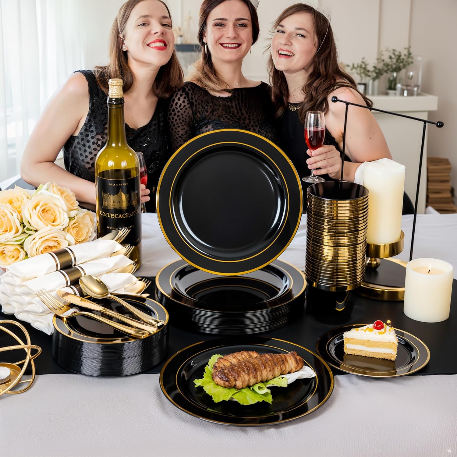 350 Pieces Black and Gold Plastic Plates with Disposable Silverware, Include 50 Dinner Plates 9”