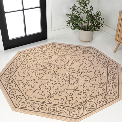 JONATHAN Y Vintage Filigree Indoor Outdoor Octagon Area Rug 8 Ft Beige/Brown, Charleston Textured