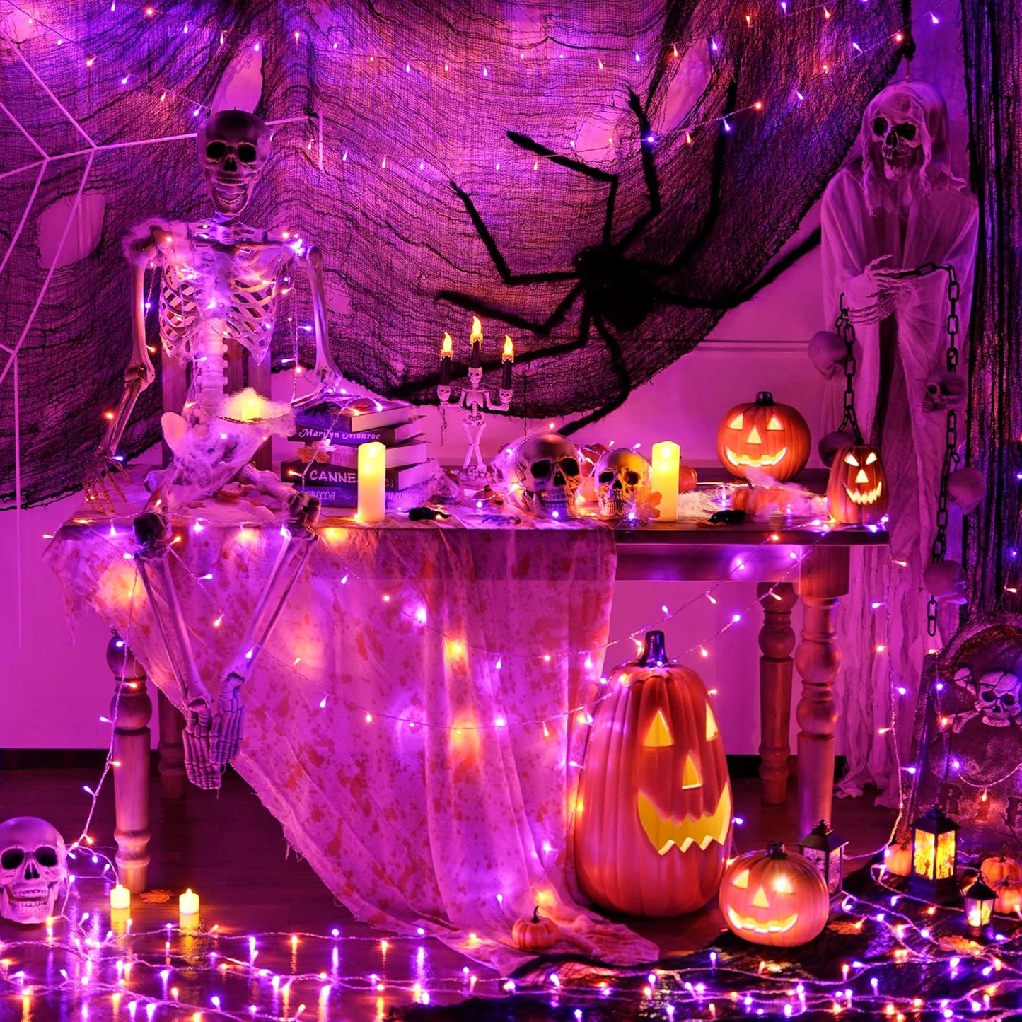 JMEXSUSS 33 FT 100 LED Halloween String Lights Indoor, Orange and Purple Halloween Lights Clear