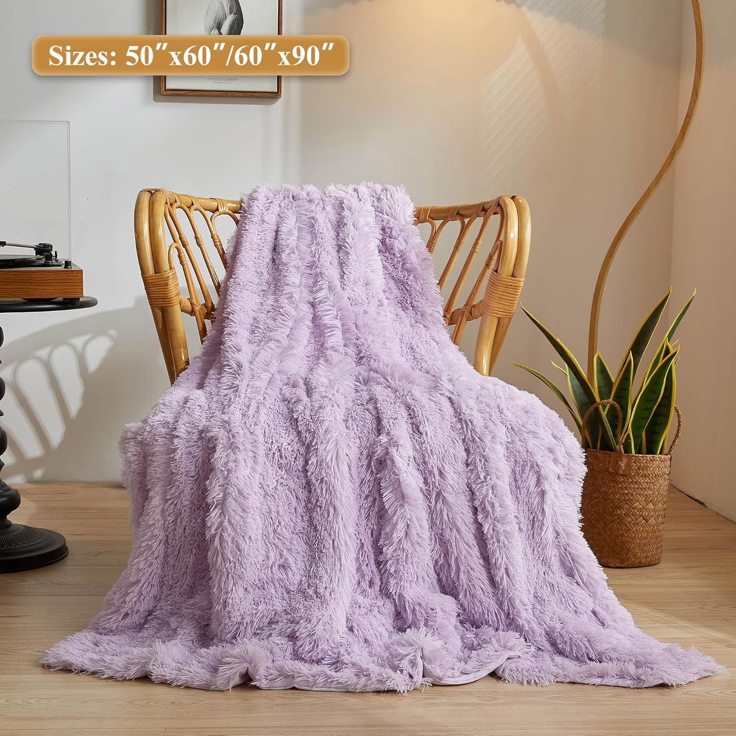 XeGe Luxury Faux Fur Throw, Light Purple Soft 50x60 Fluffy Blanket, Shaggy Plush Decorative Couch