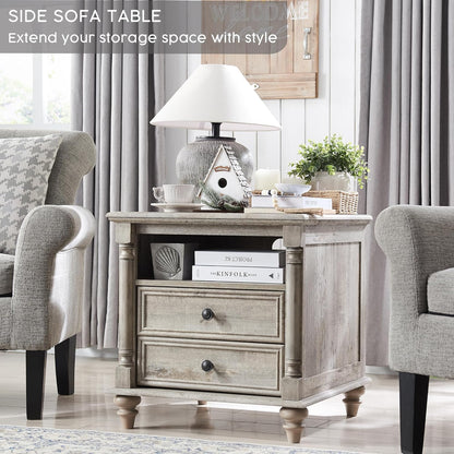 T4TREAM 24'' Farmhouse End Table w/4 Solid Wood Feet, Large 2 Drawers Wide Sofa Side Table with