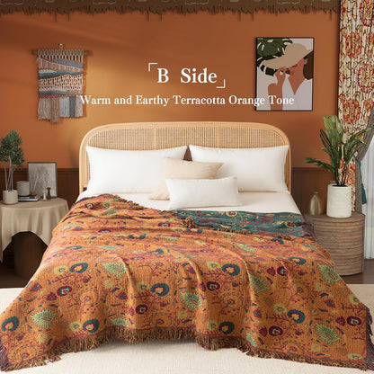 Boho Throw Blanket Twin Size, Soft Cozy Cotton Muslin Quilt Blanket for Bed Decor, Floral Patterned