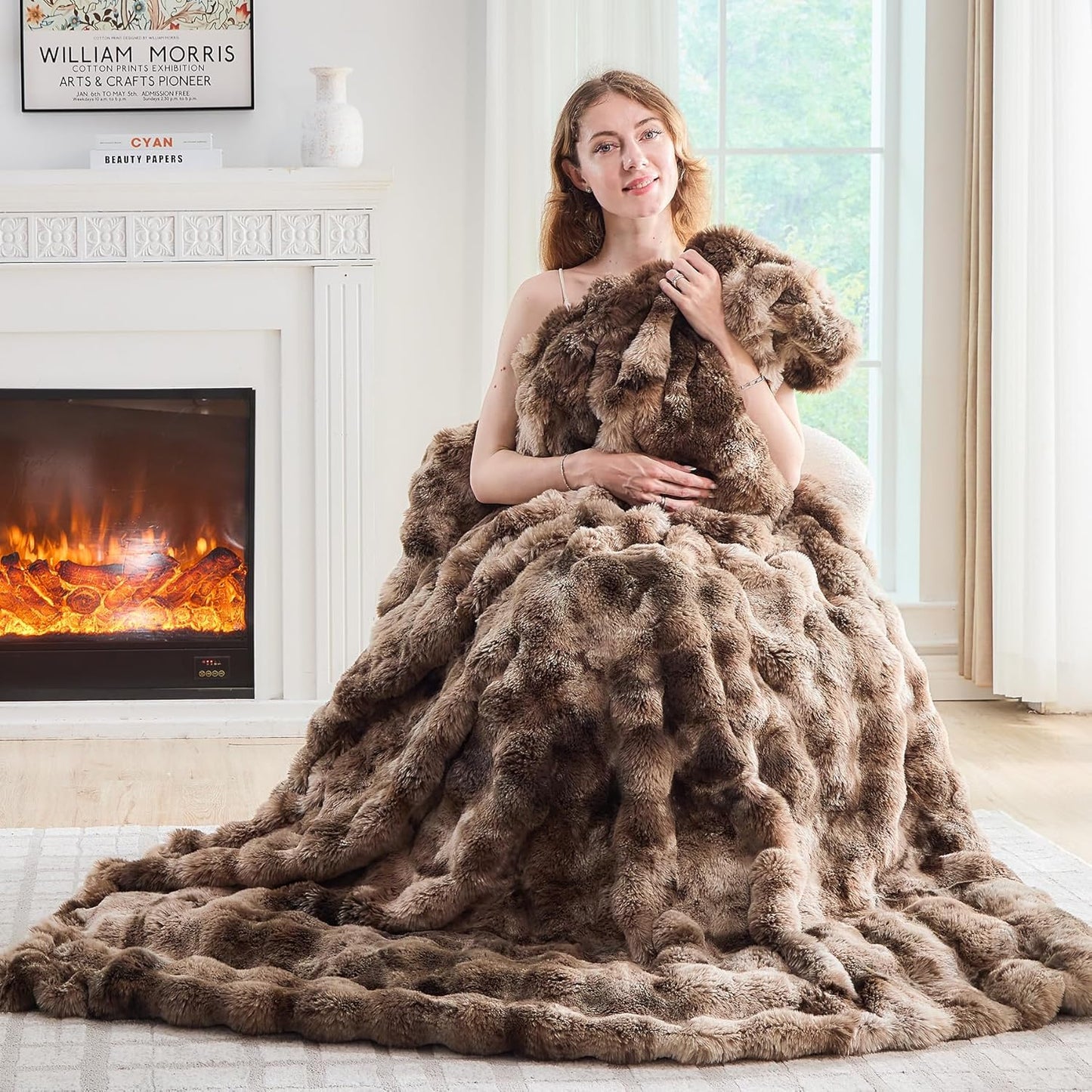 Lotus Karen Faux Fur Throw Blanket Tie-Dye Dark Coffee-Big Bubble Rabbit Fluff Blanket for