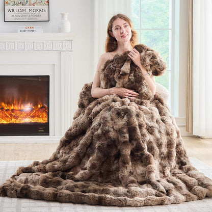 Lotus Karen Faux Fur Throw Blanket Tie-Dye Dark Coffee - Big Bubble Rabbit Fluff Blanket for