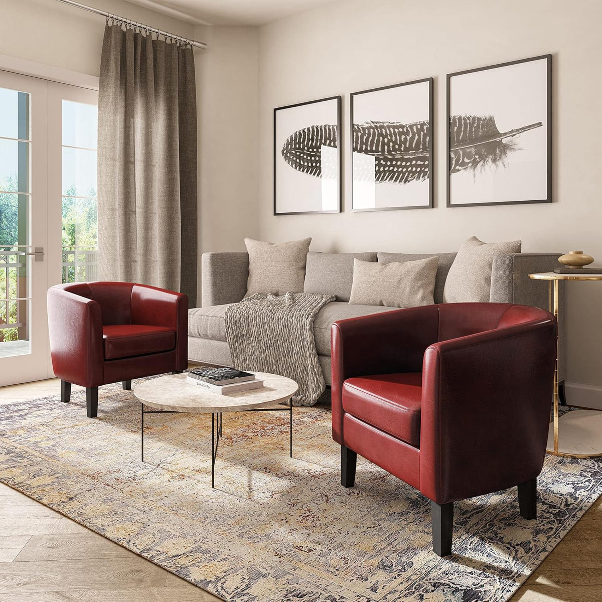 BELLEZE Accent Barrel Chair, Linen Round Chair Club Tub Sofa Corner Chair with Flared Legs and Cozy
