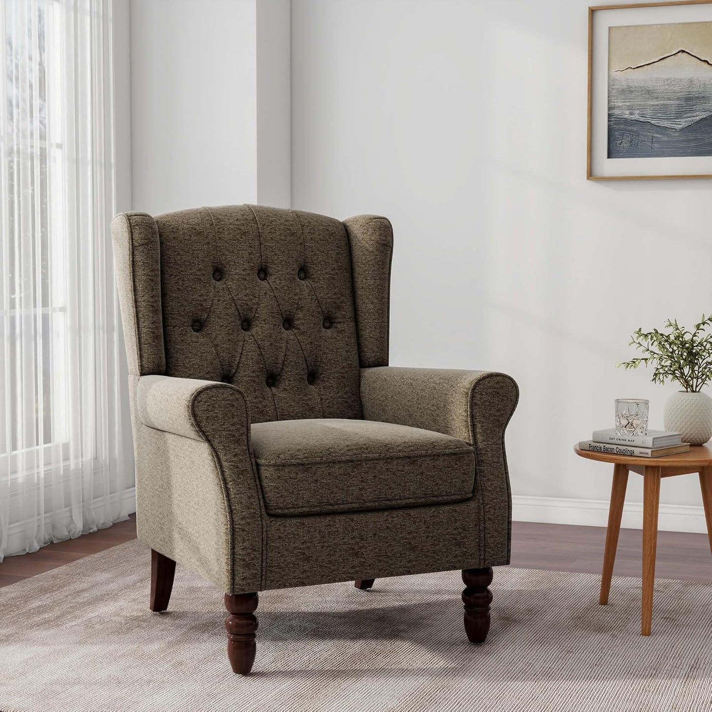 Accent Chair, Upholstered Armchair with Button Tufted High Back & Solid Wood Legs, Comfy Wingback