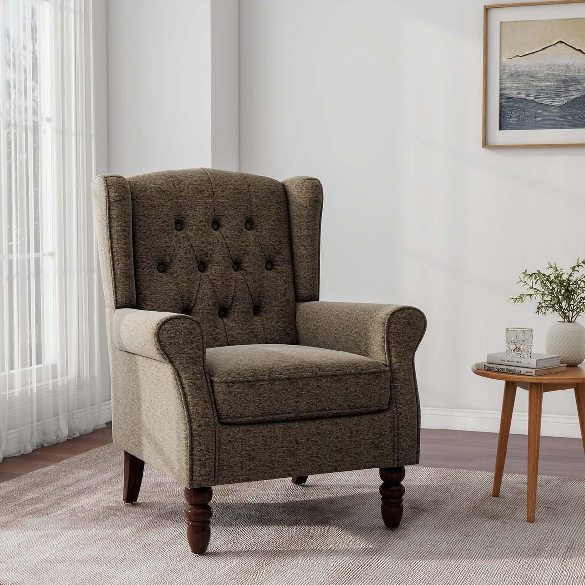 Accent Chair, Upholstered Armchair with Button Tufted High Back & Solid Wood Legs, Comfy Wingback