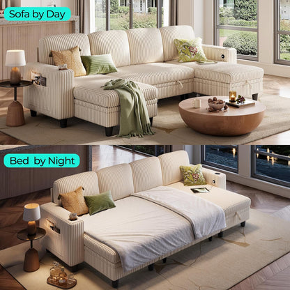 LINSY HOME Sectional Sleeper Sofa with Pull Out Couch Bed - Convertible Plush Corduroy Cloud Couch