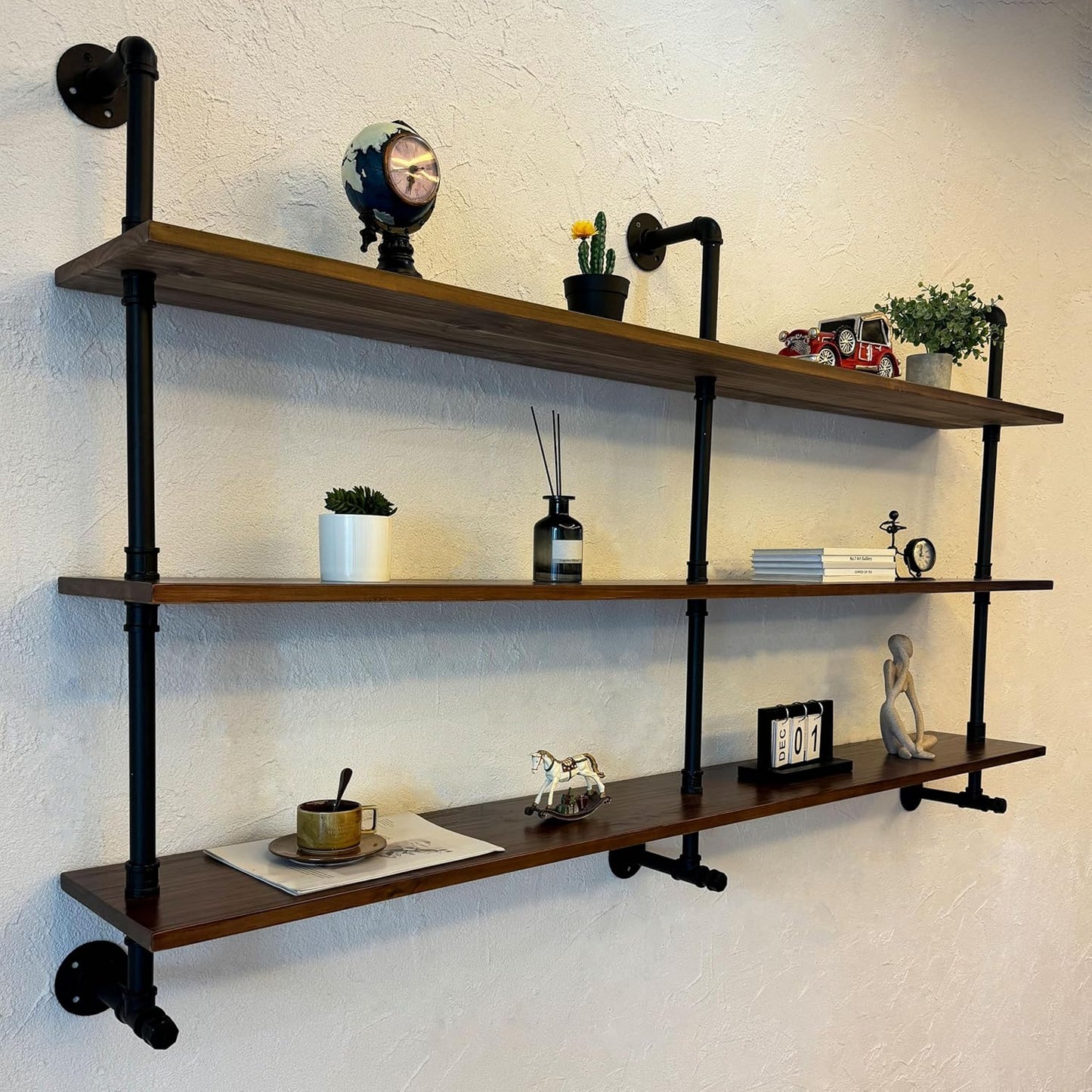 ROGMARS Industrial Pipe Wall Shelves Pipe Shelving with Real Wood Plank,70 Inches Floating Shelves