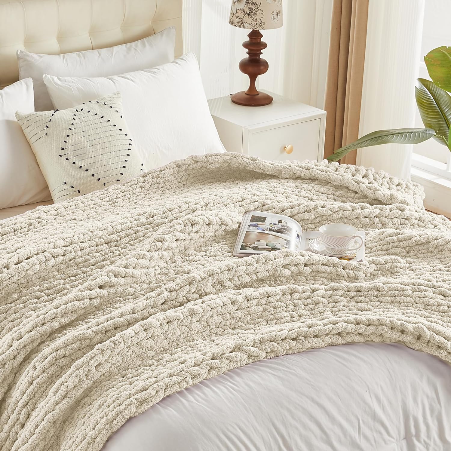 Carriediosa Chunky Knit Throw Blanket 60" X 80" Twin, 100% Hand Made Large Chenille Loop Yarn Soft