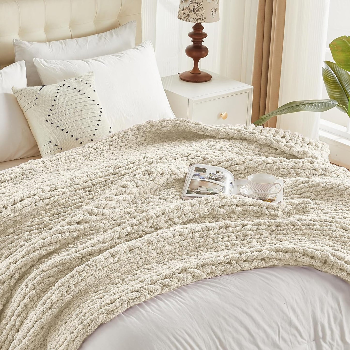 Carriediosa Chunky Knit Throw Blanket 50" X 60", 100% Hand Made Large Chenille Loop Yarn Soft