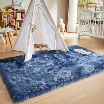 AMTOVO Faux Fur Sheepskin Rug for Living Room, 4 x 6 ft Dark Blue Fluffy Area Rug for Bedroom