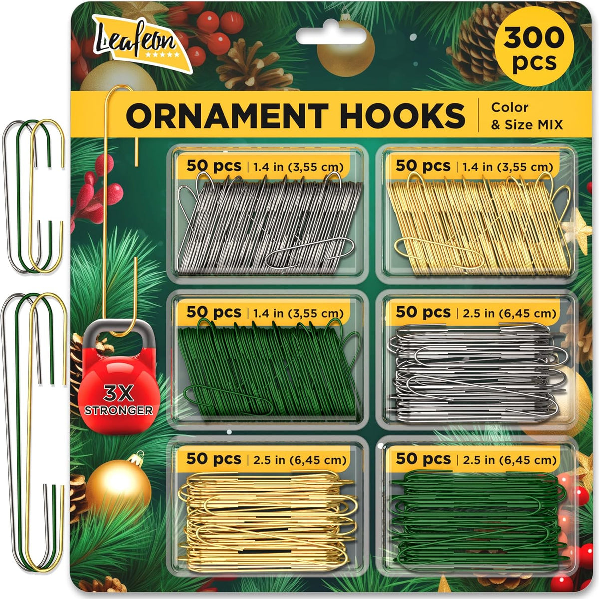 Leafeon 300 Pack Christmas Ornament Hooks - Gold Green Silver Ornament Hanger for Christmas