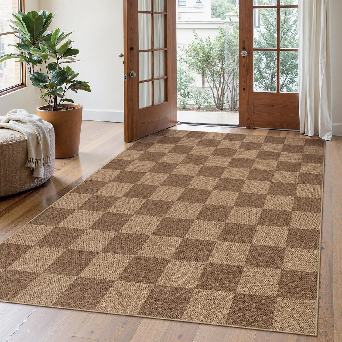 Lahome Checkered Easy Jute Living Room Rugs, 5x7 Large Dining Room Office Carpet Farmhouse Washable