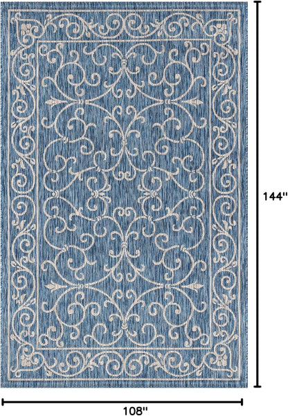 JONATHAN Y Vintage Filigree Indoor Outdoor Area Rug 9X12 Navy/Gray, Charleston Textured Weave for