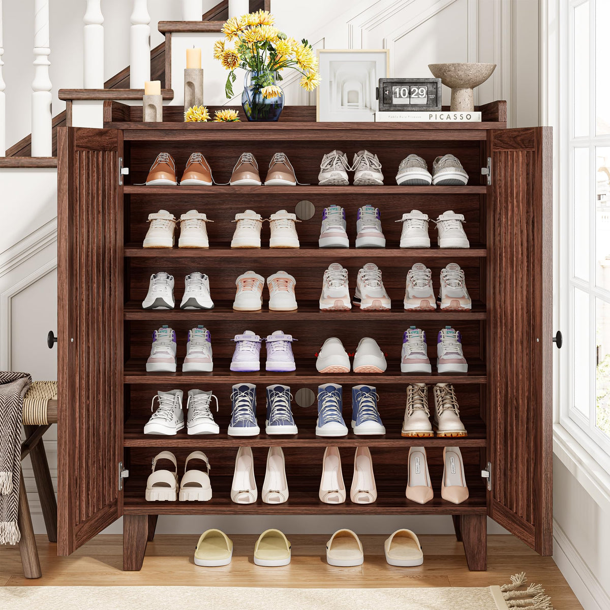 IRONCK Shoe Cabinet with Slatted Doors, 6-Tier Shoe Storage Cabinet, Walnut