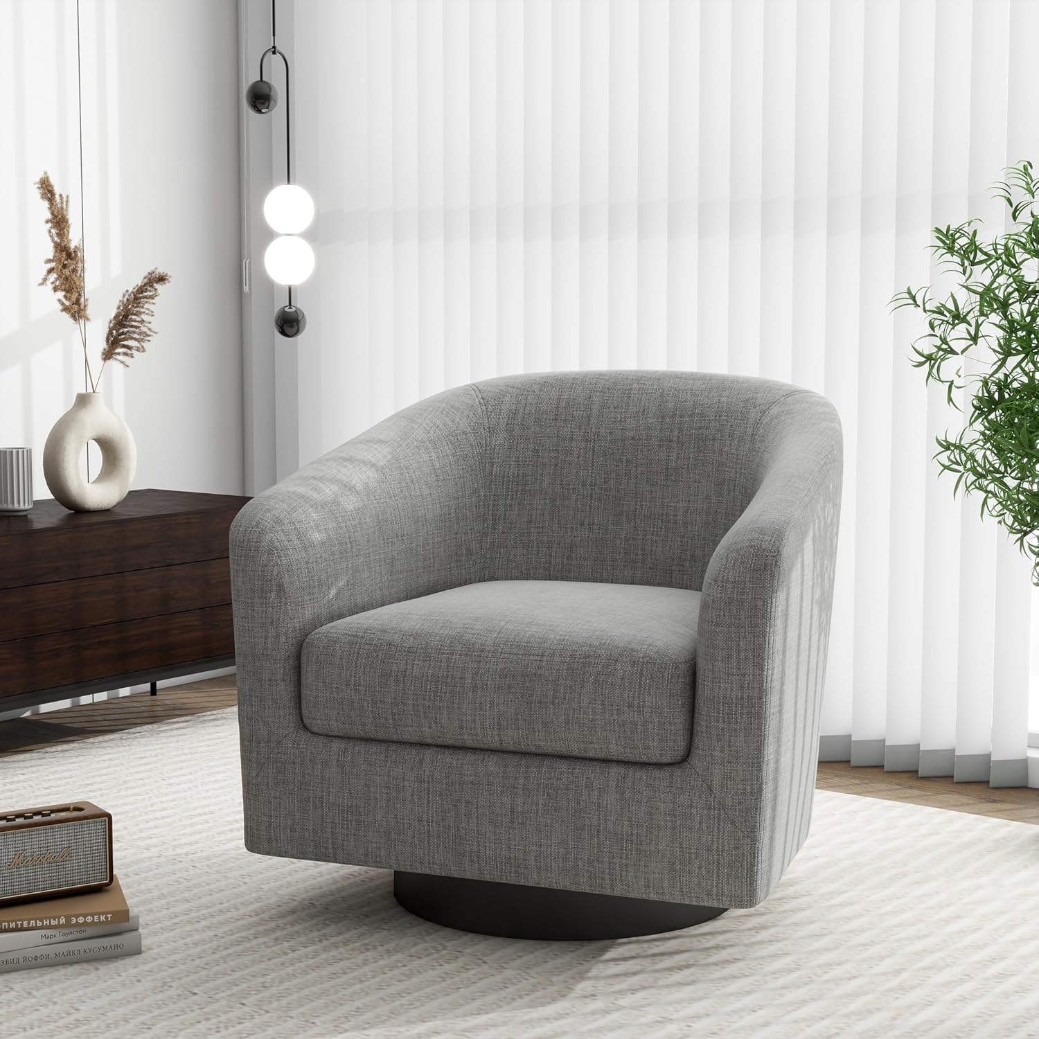 Swivel Barrel Accent Chair, Modern Round Linen Arm Chair for Living Room, Bedroom, Comfy Club