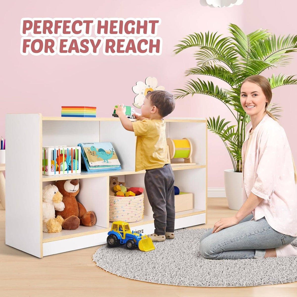 Toy Storage Organizer for Kids, 5-Compartment Wooden Storage Cabinet, Children Bookcase and