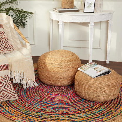 REDEARTH · Jute Circular Pouf Ottoman - Braided Pouffe Accent Sitting Round Footrest for Living
