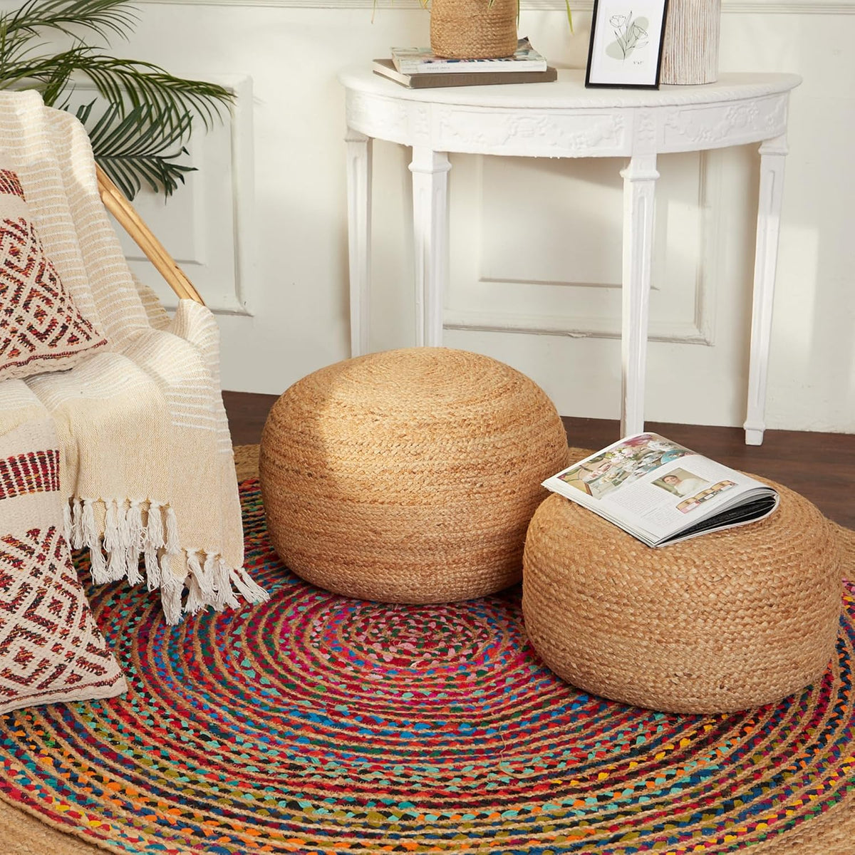 REDEARTH · Jute Circular Jute Pouf Ottoman - Braided Pouffe Accent Sitting Round Footrest for