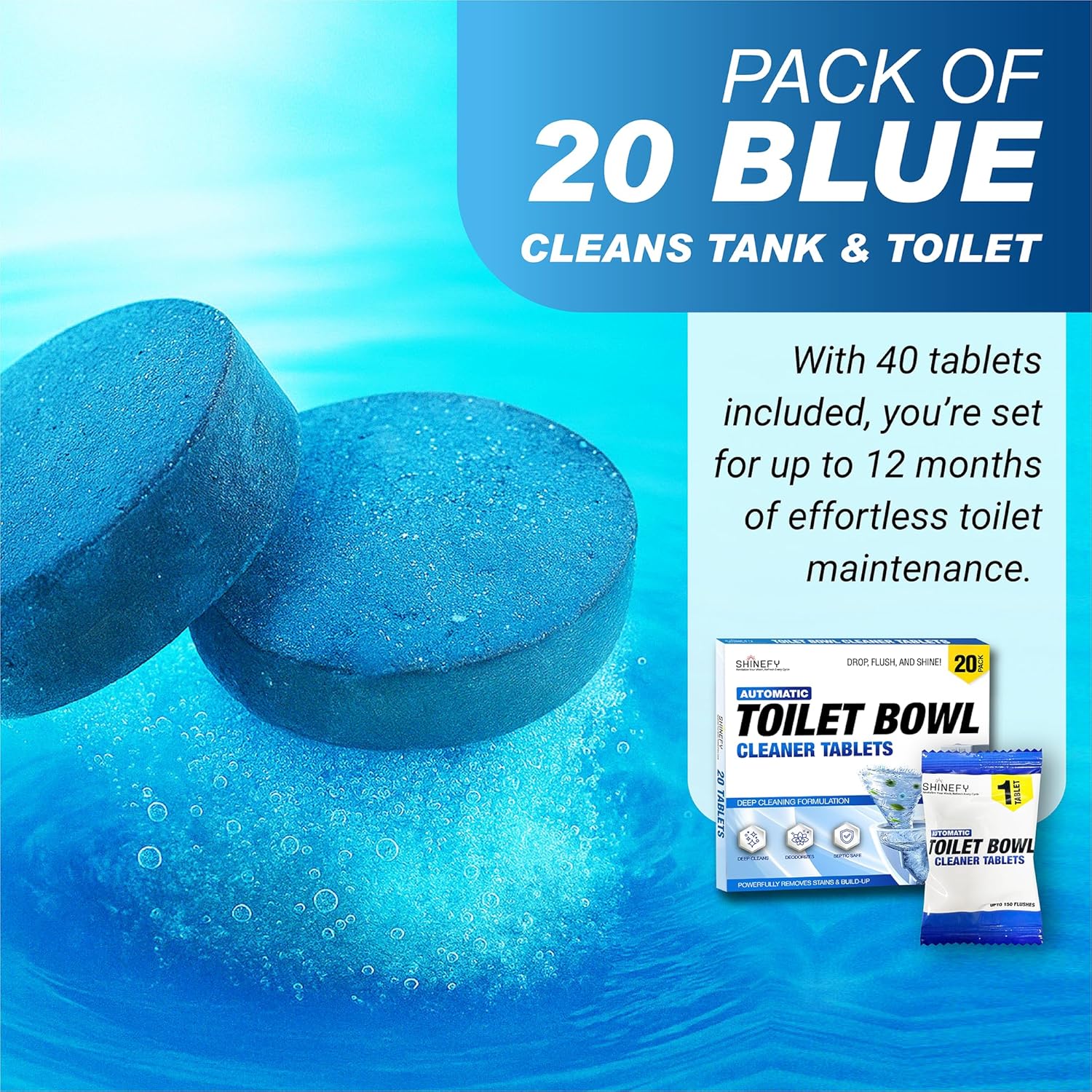 Automatic Toilet Bowl Cleaner Tablets – 20 Tabs - Blue Gel Toilet Tank Cleaners, Hard Water Ring